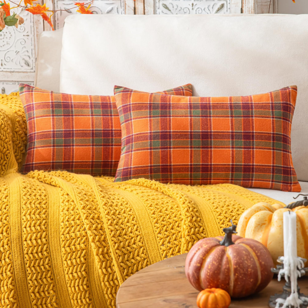 AQOTHES Fall Plaid Orange Throw Pillow Covers 18x18 Inch Set of 2