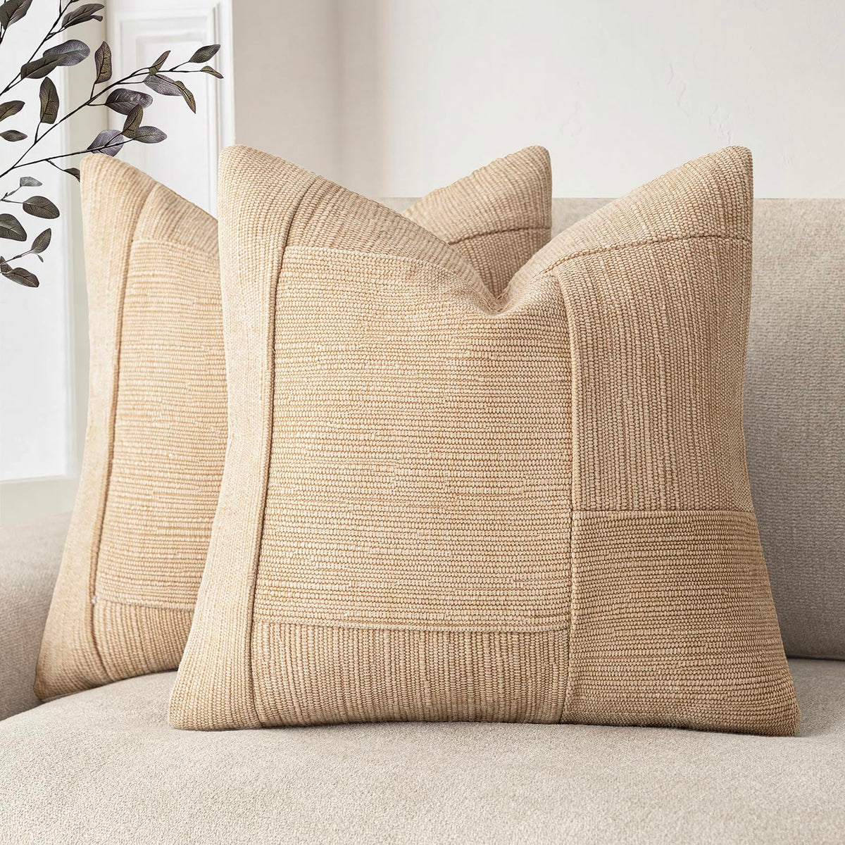 Foindtower Set of 2 Decorative Patchwork Chenille Throw Pillow Covers Textured Modern Vintage Cushion Cover Neutral Boho Accent Home Decor for Sofa Chair Couch Bed Living Room,20×20 Inch,Taupe Gray