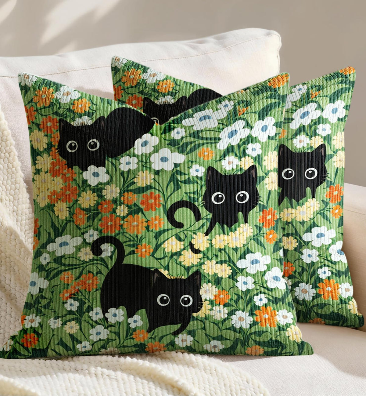 Corduroy Throw Pillow Covers 18x18 - Set of 2 Decorative Spring Pillow Covers with Zipper Farmhouse Decor Cottage Throw Pillowcases for Couch Sofa Living Room Home Bedroom, PK Floral