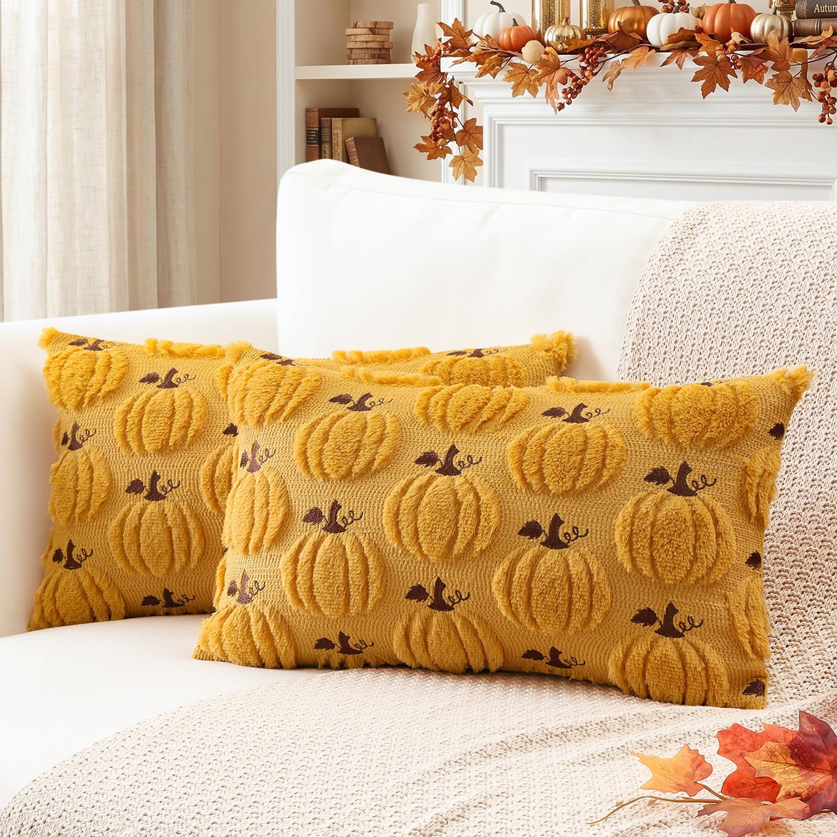 Artscope Fall Pumpkin Throw Pillow Covers 18x18 Set of 2, Autumn Soft Plush Faux Fur Decoration Cushion Covers for Thanksgiving Holiday Couch Sofa Bedroom Home Decor-Beige