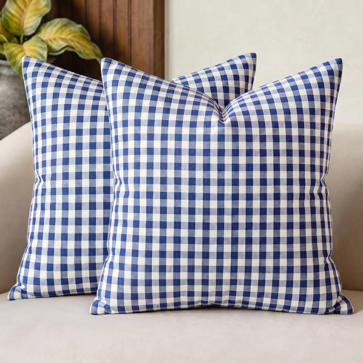 Farmhouse Brown Gingham Checkered Plaid Throw Pillow Covers 20x20 Set of 2