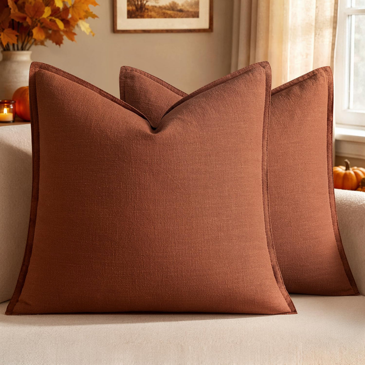 Set of 2 Linen Solid Throw Pillow Covers 20x20 Inch Dark Olive Green