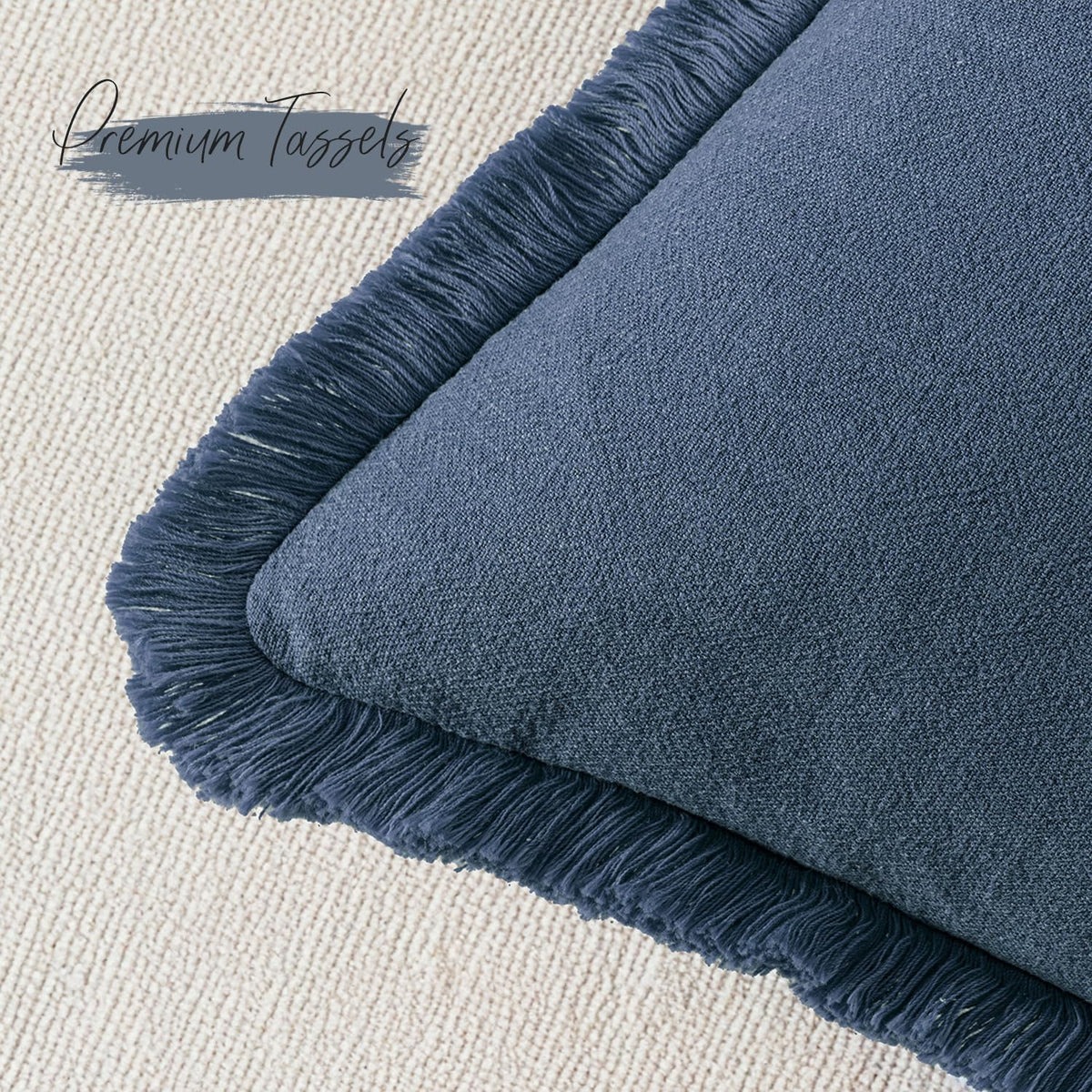 Linen Fringe Throw Pillow Covers 20x20 Inch Set of 2,Navy Blue