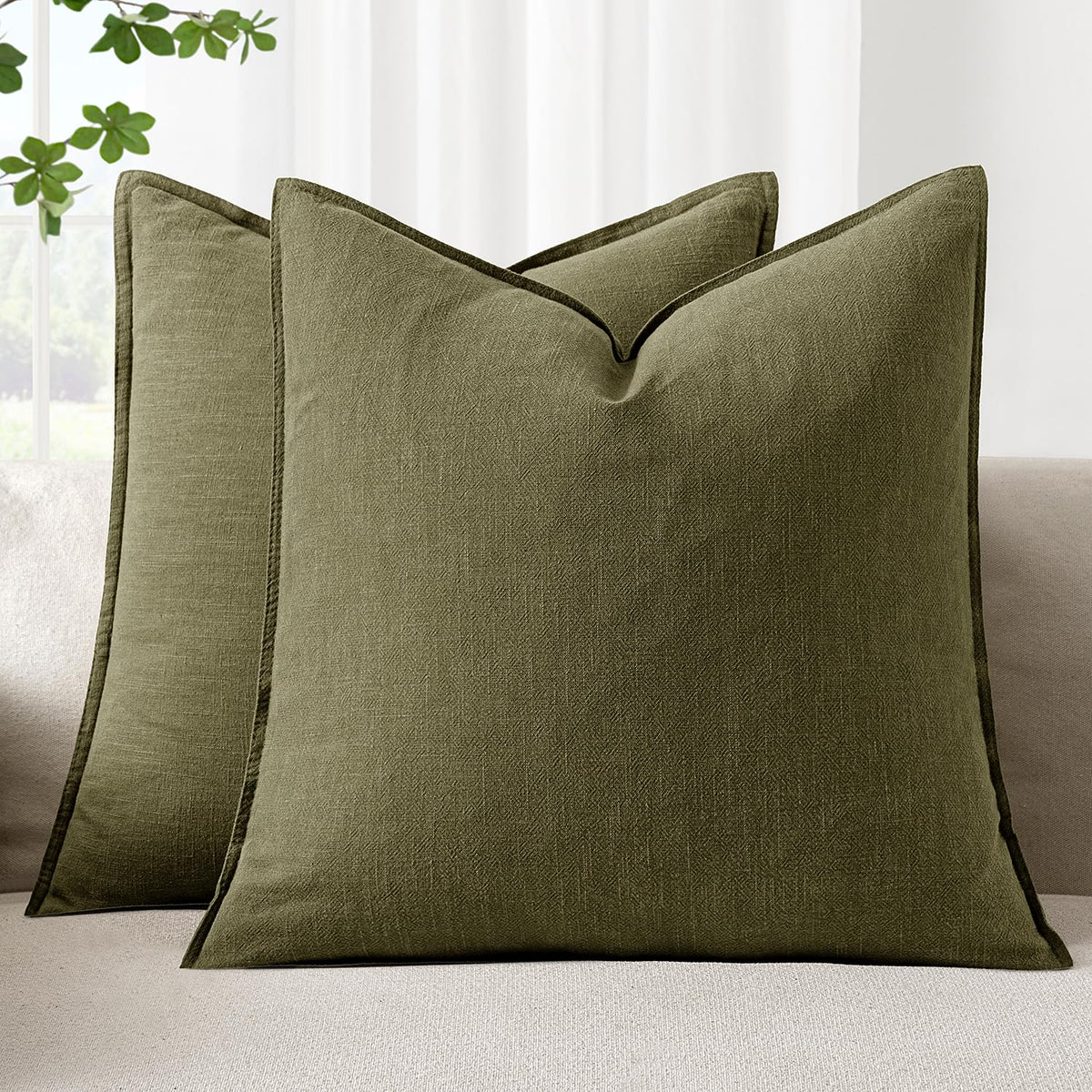 Set of 2 Linen Solid Throw Pillow Covers 20x20 Inch Dark Olive Green
