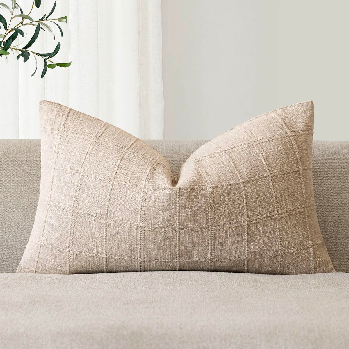Foindtower Set of 1 Decorative Linen Check Throw Pillow Cover Neutral Farmhouse Lumbar Cushion Cover Modern Boho Home Decor for Sofa Chair Couch Bedroom Living Room,12×20 Inch,Olive Green