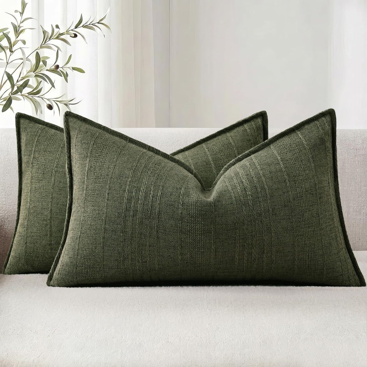 decorUhome Sage Green Textured Linen Throw Pillow Covers 18x18 Set of 2