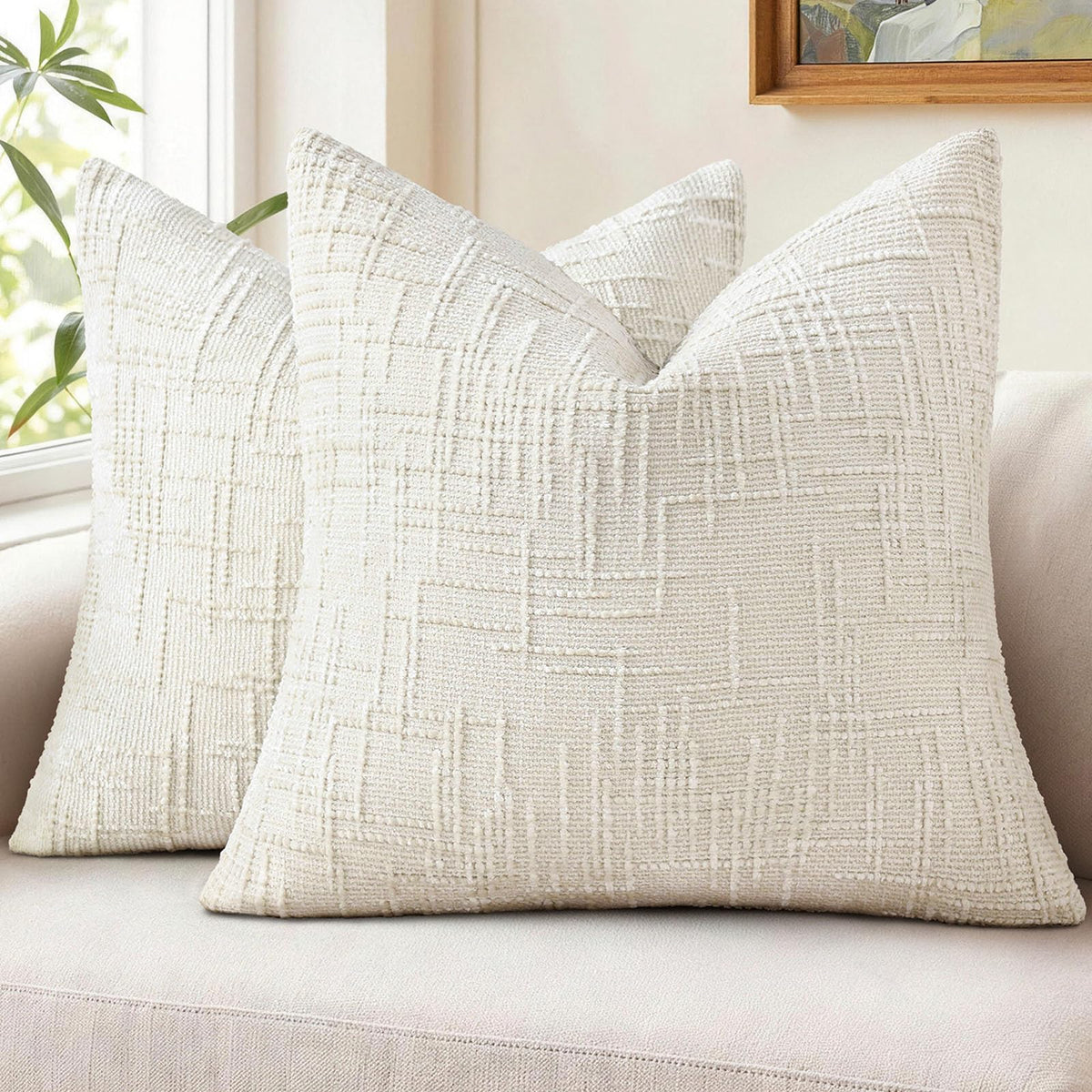 Pallene Cream White Textured Chenille Throw Pillow Covers 18x18 Set of 2