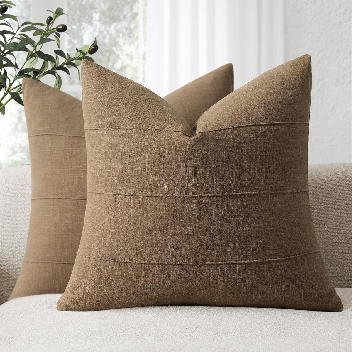 Decorative Linen Throw Pillow Covers 18x18 Set of 2 Solid handcrafted Striped Cushion Covers for Bed Soft Modern Farmhouse Neutral Pillowcase for Couch Bedroom Living Room Home Decor(Cream White)