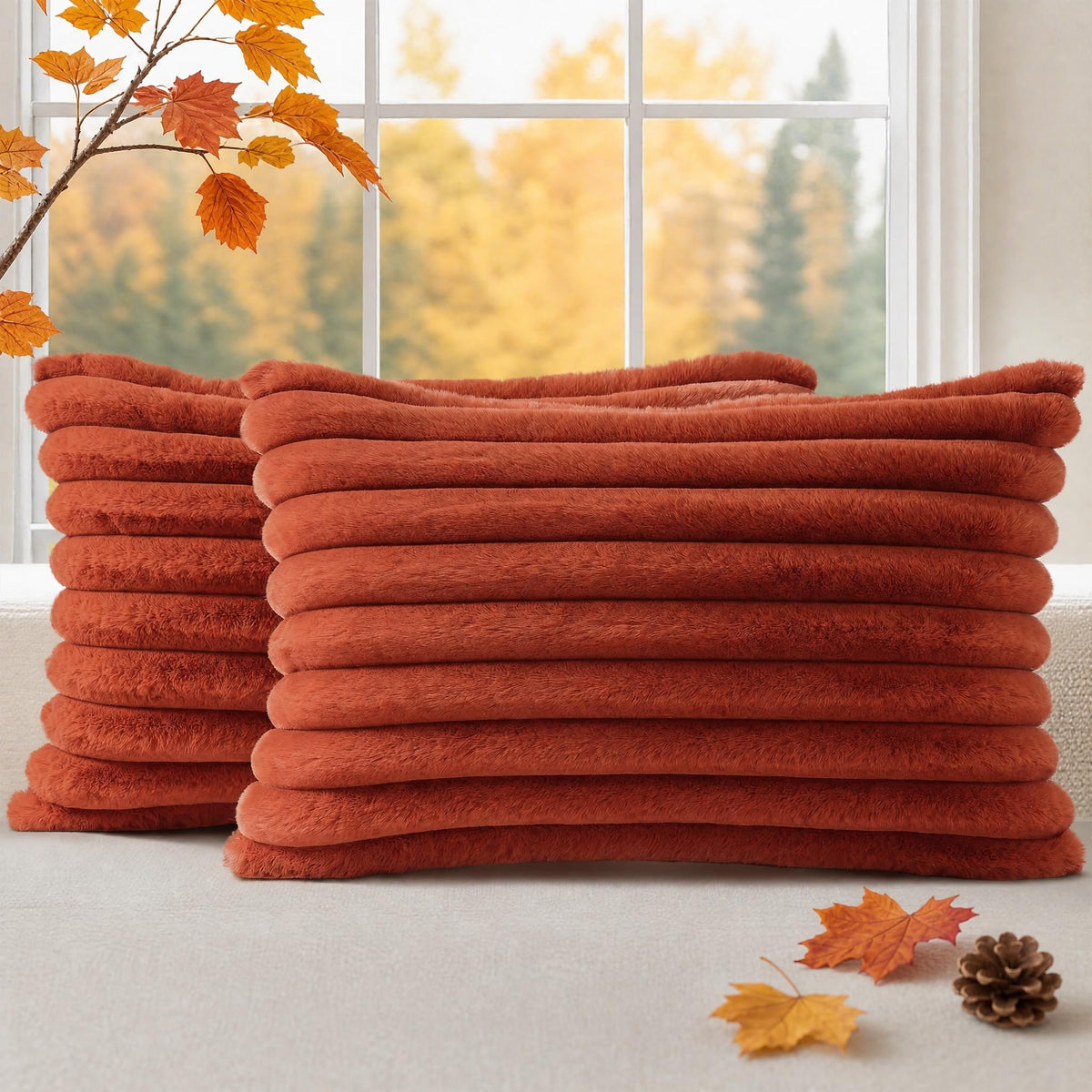 decorUhome Fall Faux Fur Throw Pillow Covers 18x18 Set of 2 Brown White