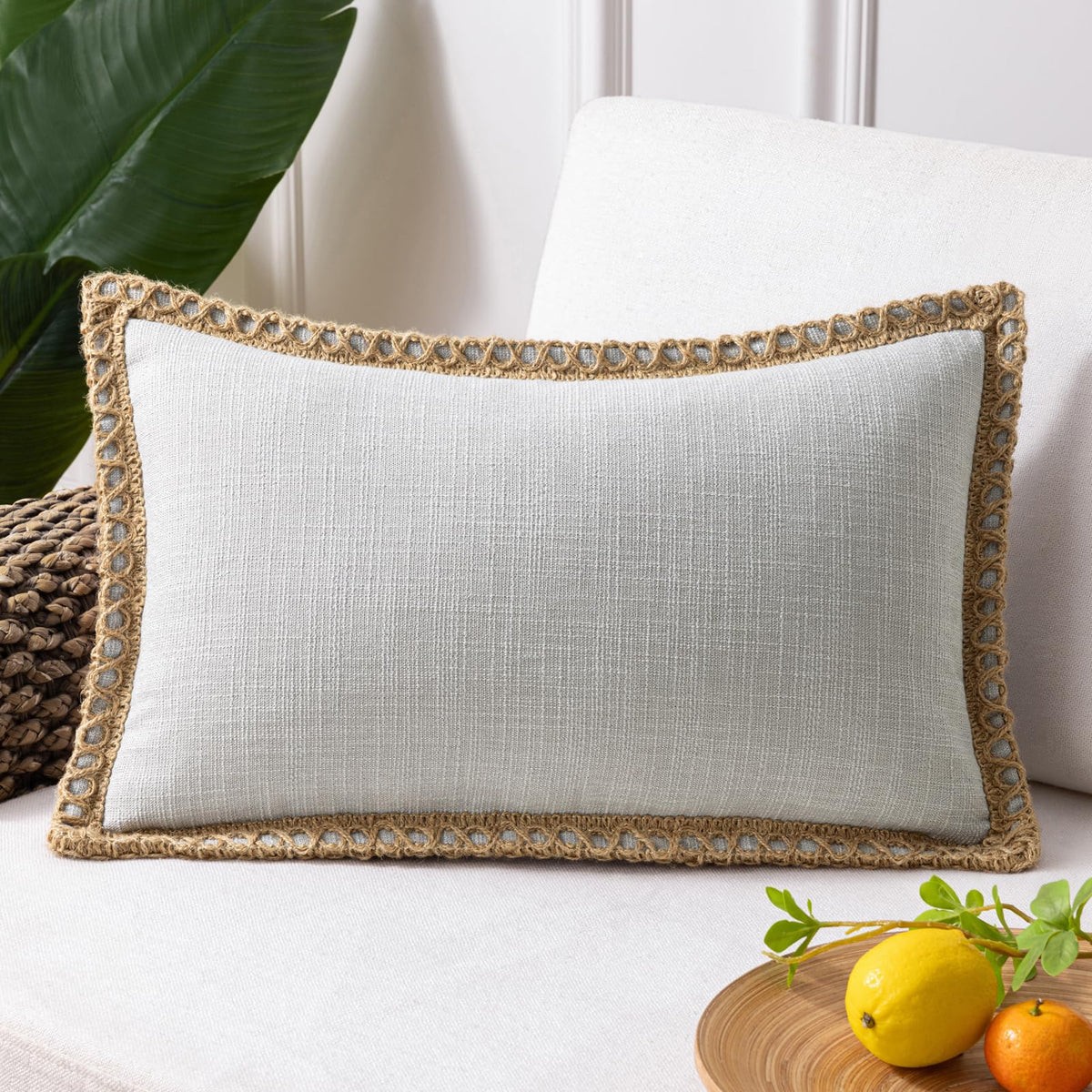 Phantoscope Pack of 2 Coastal Aqua Pillow Covers 18x18, Textured Polyester with Rope Trim, Fade Resistant Vintage Turquoise Blue Decorative Cushion Cases, Hidden Zipper, Farmhouse Boho Beach Decor
