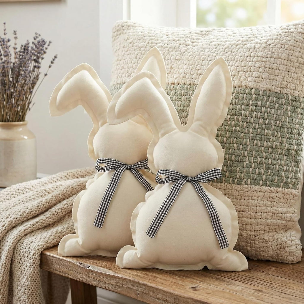 Gilprop 2 Pcs Easter Bunny Throw Pillows Cute Rabbit Shaped Cotton-Linen Decorative Pillows with Plaid Bow Tie Farmhouse Easter Home Decor for Bedroom Sofa Couch Birthday Gift Ideas (16.9x9.8 Inches)