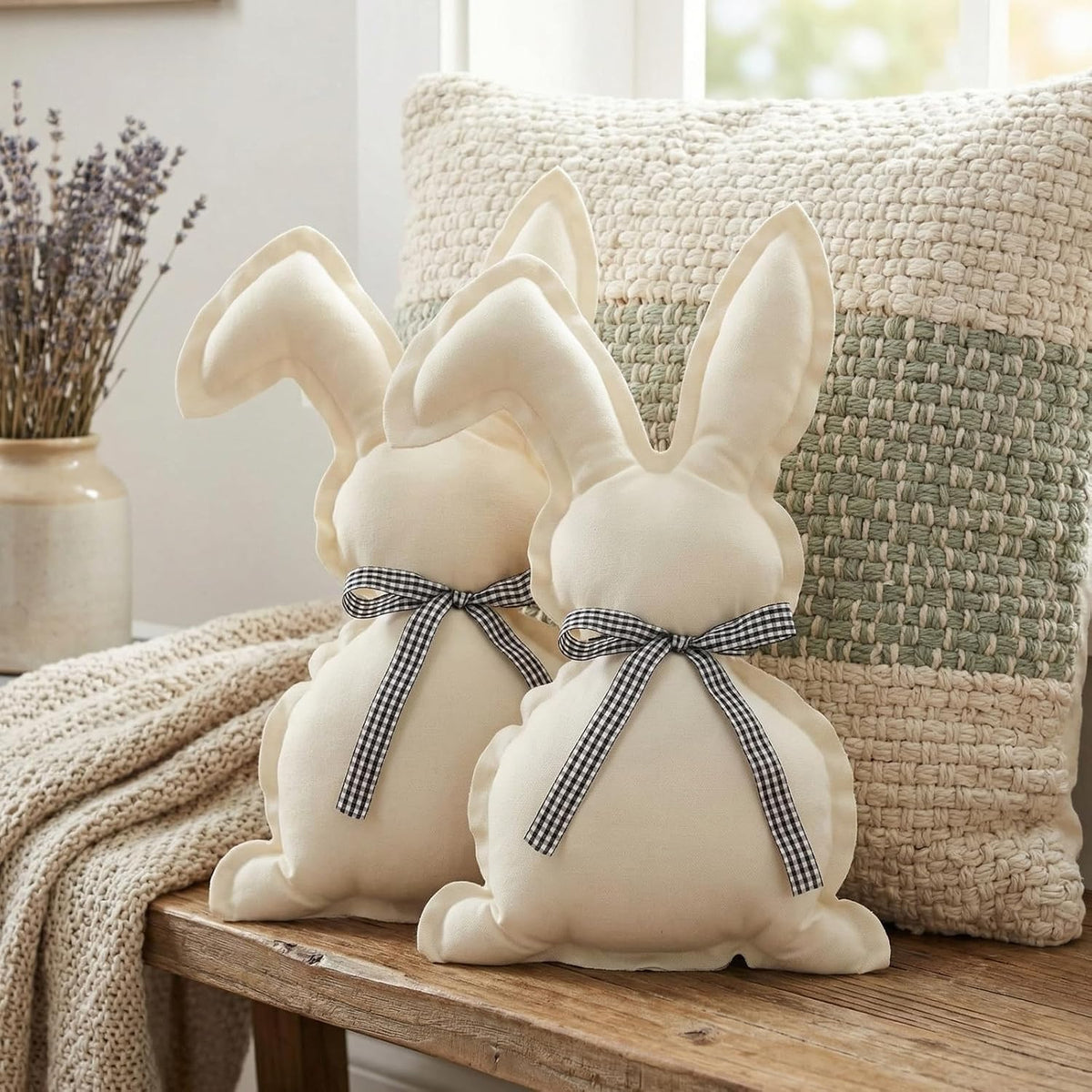 Gilprop 2 Pcs Easter Bunny Throw Pillows Cute Rabbit Shaped Cotton-Linen Decorative Pillows with Plaid Bow Tie Farmhouse Easter Home Decor for Bedroom Sofa Couch Birthday Gift Ideas (16.9x9.8 Inches)