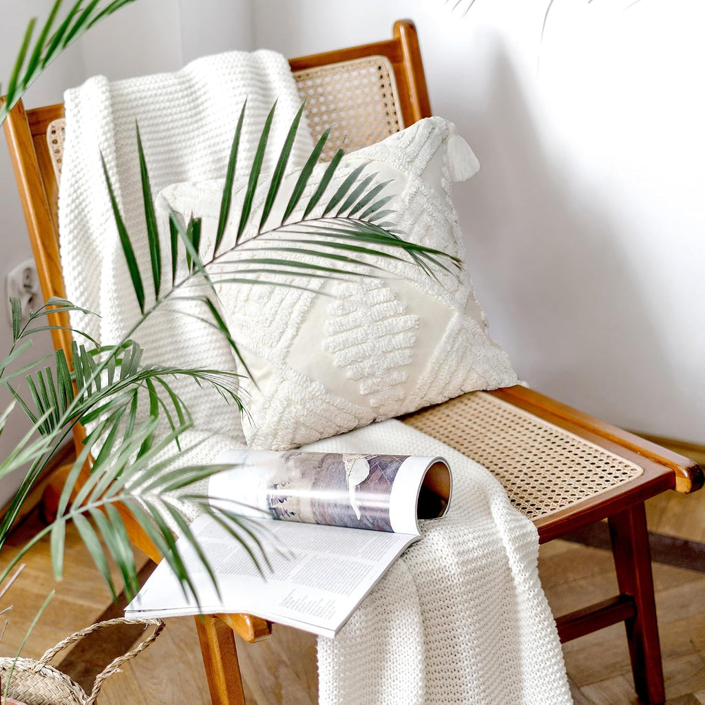 Boho Sofa Throw Pillow Covers – Exquisitely Crafted with Hand-Finished Tuft with Thick Cotton Tassel Details – Soft & Stylish Moroccan Decorative, 18x18inch (Spring Ruched)