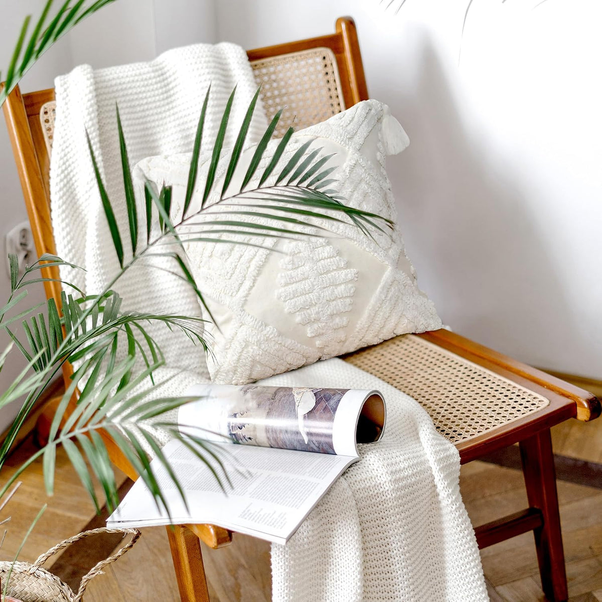 Boho Sofa Throw Pillow Covers – Exquisitely Crafted with Hand-Finished Tuft with Thick Cotton Tassel Details – Soft & Stylish Moroccan Decorative, 18x18inch (Spring Ruched)