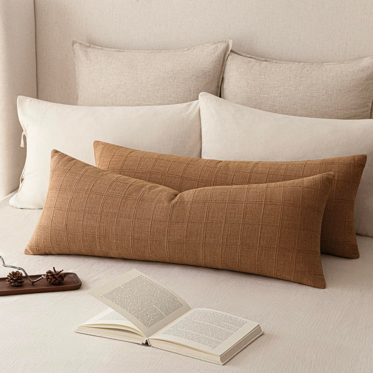 Foindtower Linen Check Decorative Throw Pillow Covers 18×18 Natural Beige