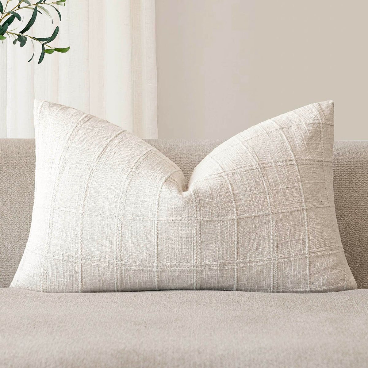 Foindtower Set of 1 Decorative Linen Check Throw Pillow Cover Neutral Farmhouse Lumbar Cushion Cover Modern Boho Home Decor for Sofa Chair Couch Bedroom Living Room,12×20 Inch,Olive Green