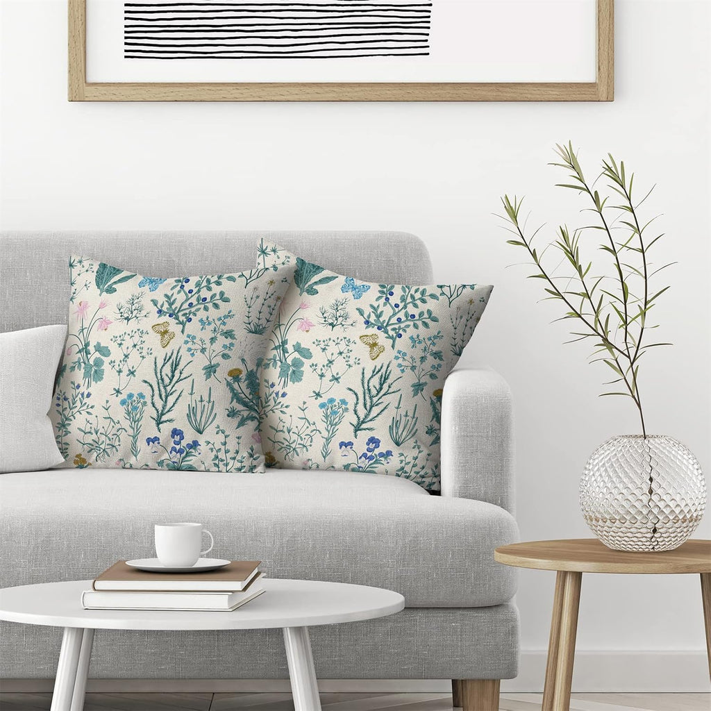AEIOAE Spring Pillow Covers 18x18 Inch Set of 2,Blue Teal Wild Flower Plant Throw Pillows Case,Seasonal Floral Outdoor Decorative Square Linen Farmhouse Decor Cushion Covers for Home Sofa Bed Couch