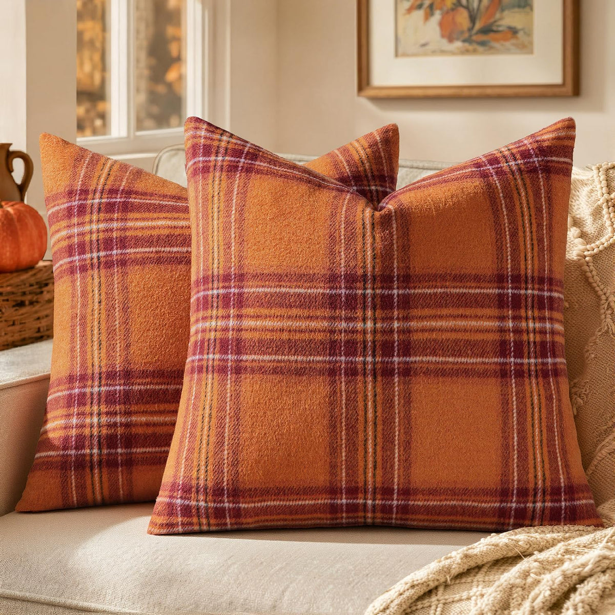MIULEE Fall Plaid Decorative Pillow Covers Set of 2 18x18 Rust