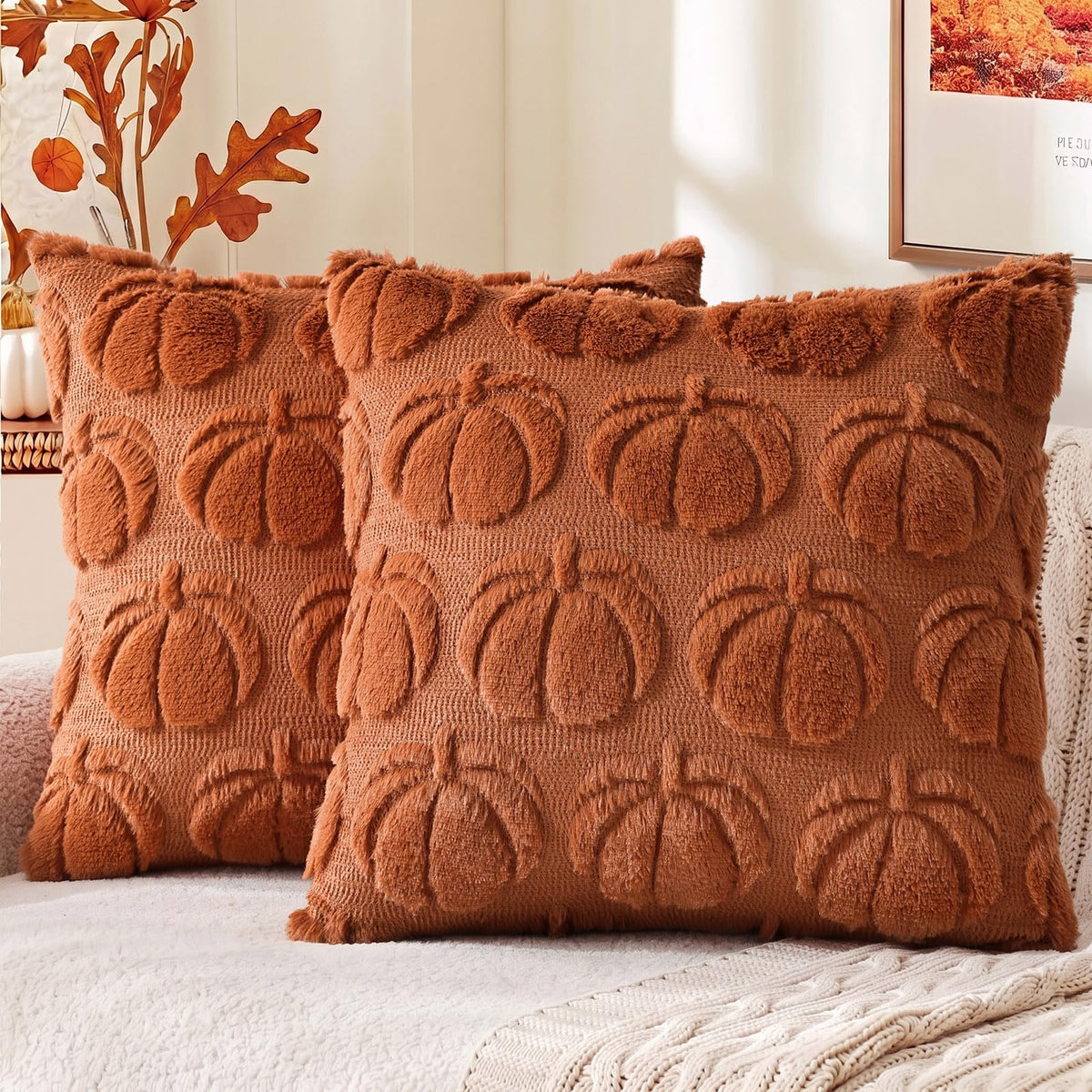 decorUhome Beige Bow Cute Girl Faux Fur Throw Pillow Covers 18x18 Set of 2