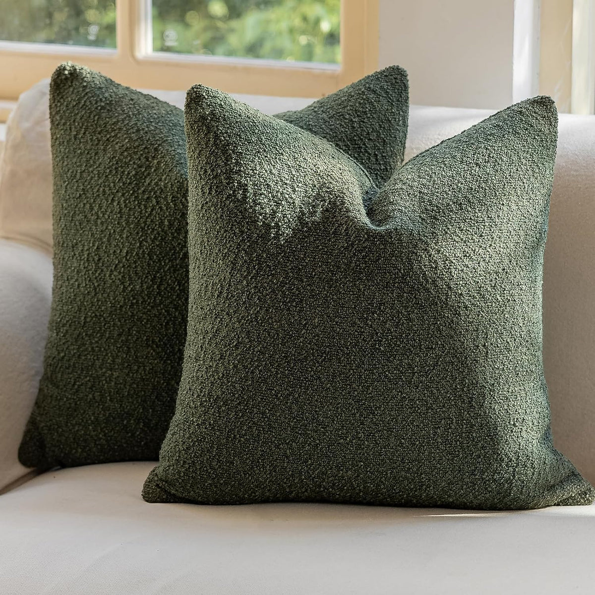 GEEORY Decorative Throw Pillow Covers 18x18 Inch Pack of 2,Textured Boucle Neutral Cushion Cases for Bed Couch Sofa, Accent Mordern Farmhouse & Minimalist Home Decor (Olive Green) GE05-18