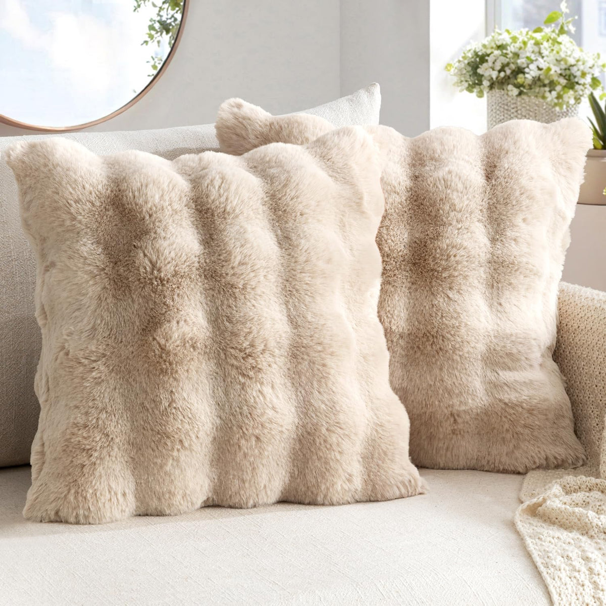MIULEE Pack of 2 Faux Fur Fluffy Pillow Covers 18x18 Inch, Khaki