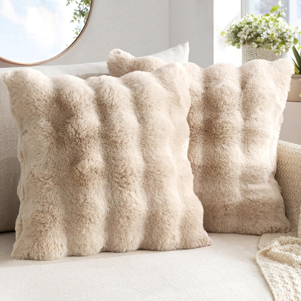 MIULEE Pack of 2 Faux Fur Fluffy Pillow Covers 18x18 Inch, Khaki