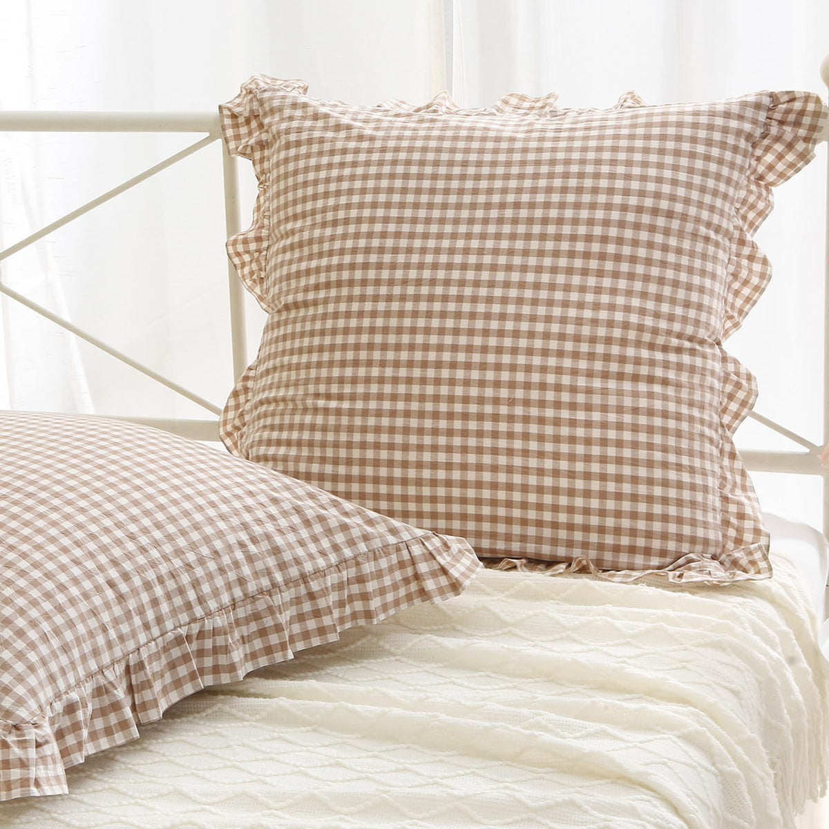 2 Pack Taupe White Gingham Ruffle Throw Pillow Covers 18''x18''