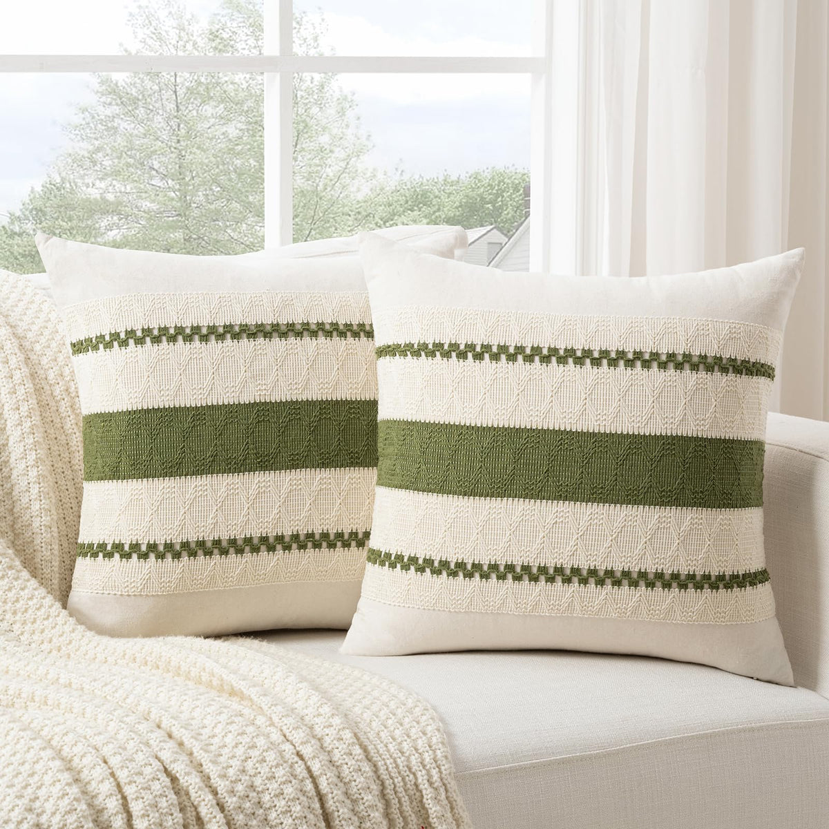 Fancy Homi Set of 2 Boho Olive Green Decorative Throw Pillow Cover 18x18 Inch for Couch Bed Sofa, Aesthetic Modern Organic Farmhouse Home Decor, Soft Cotton Cute Accent Macrame Woven Cushion Case