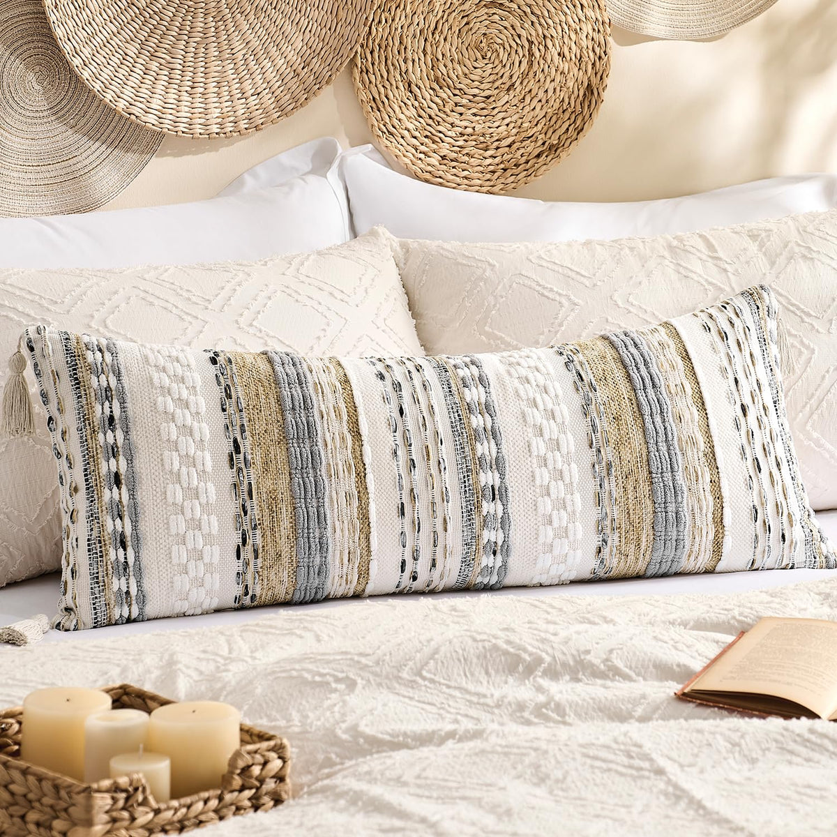 Kevin Textile Boho Tassel 12x20 Inch Lumbar Pillow Cover 1 Pack, Green