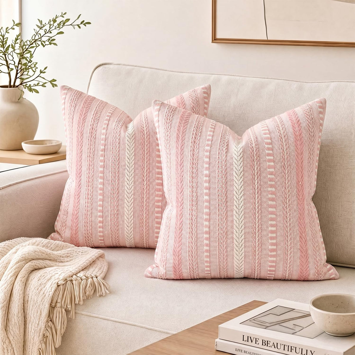 AVOIN colorlife Black Boho Decorative Throw Pillow Covers Set of 2, 18 x 18 Inch Woven Stripe Textured Rustic Cushion Case Home Decor for Living Room Couch Sofa