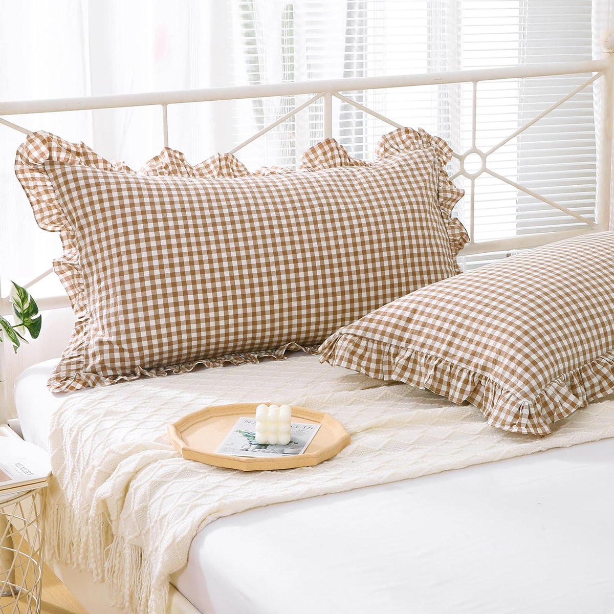 2 Pack Taupe White Gingham Ruffle Throw Pillow Covers 18''x18''