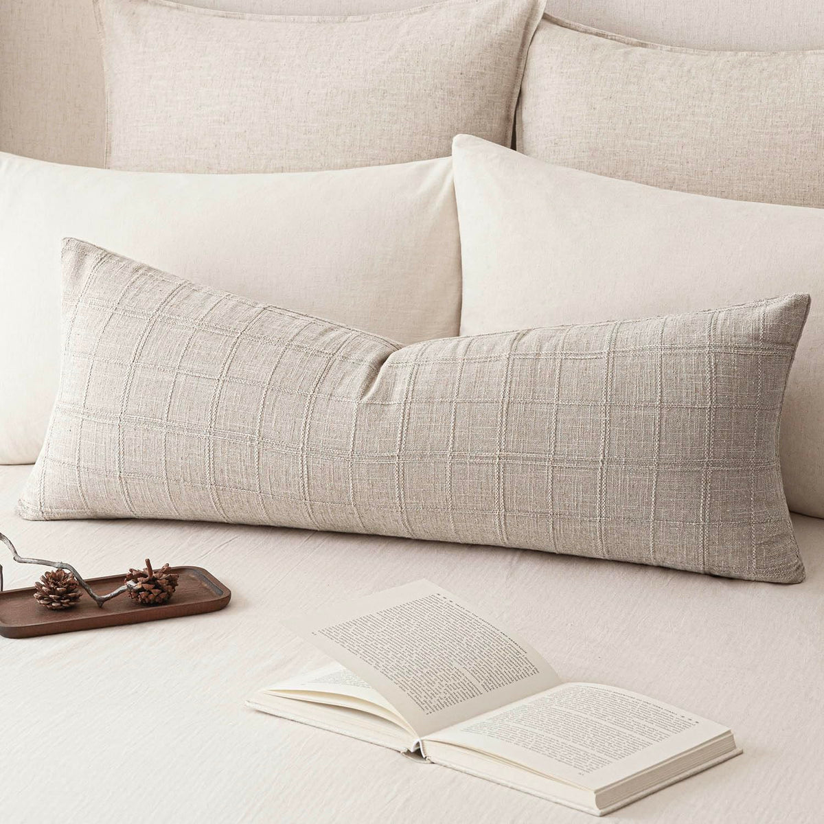 Foindtower Set of 1 Decorative Linen Check Throw Pillow Cover Neutral Farmhouse Lumbar Cushion Cover Modern Boho Home Decor for Sofa Chair Couch Bedroom Living Room,12×20 Inch,Olive Green