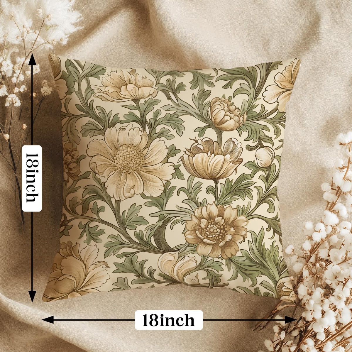 Vintage William Morris Inspired Poppy Floral Throw Pillow Cover 18×18,Olive Green Botanical Cushion Cover,Retro Floral Art Decorative Square Double-Sided Pillowcase for Sofa Bed Farmhouse