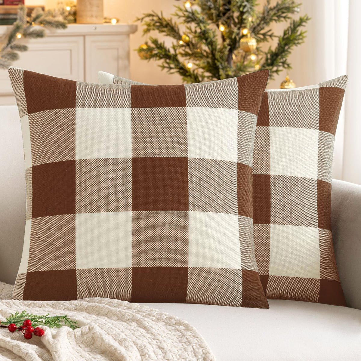 MIULEE Christmas Plaid Pillow Covers 18x18 White and Red Pack of 2