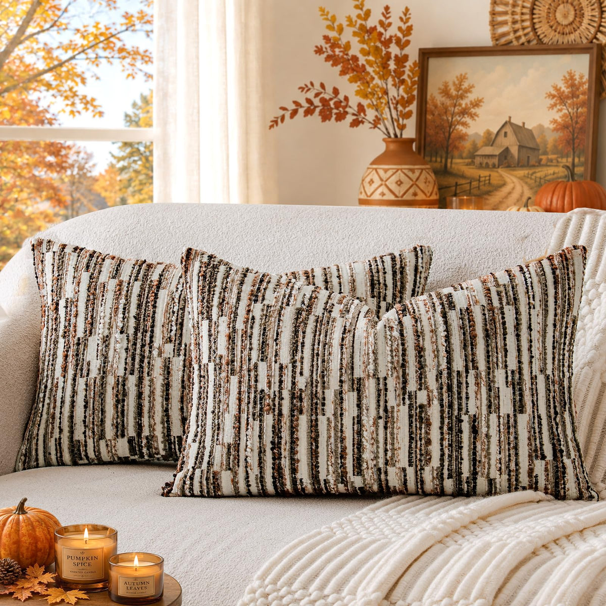 Boho Striped Decorative Throw Pillow Covers 20"X20" Set of 2,Moss Green