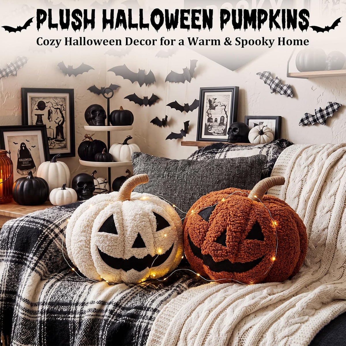 2pcs Fall Halloween 3D Pumpkin Throw Pillows Sherpa Stuffed Pumpkin Decor