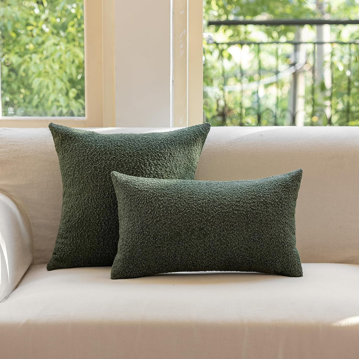 GEEORY Decorative Throw Pillow Covers 18x18 Inch Pack of 2,Textured Boucle Neutral Cushion Cases for Bed Couch Sofa, Accent Mordern Farmhouse & Minimalist Home Decor (Olive Green) GE05-18