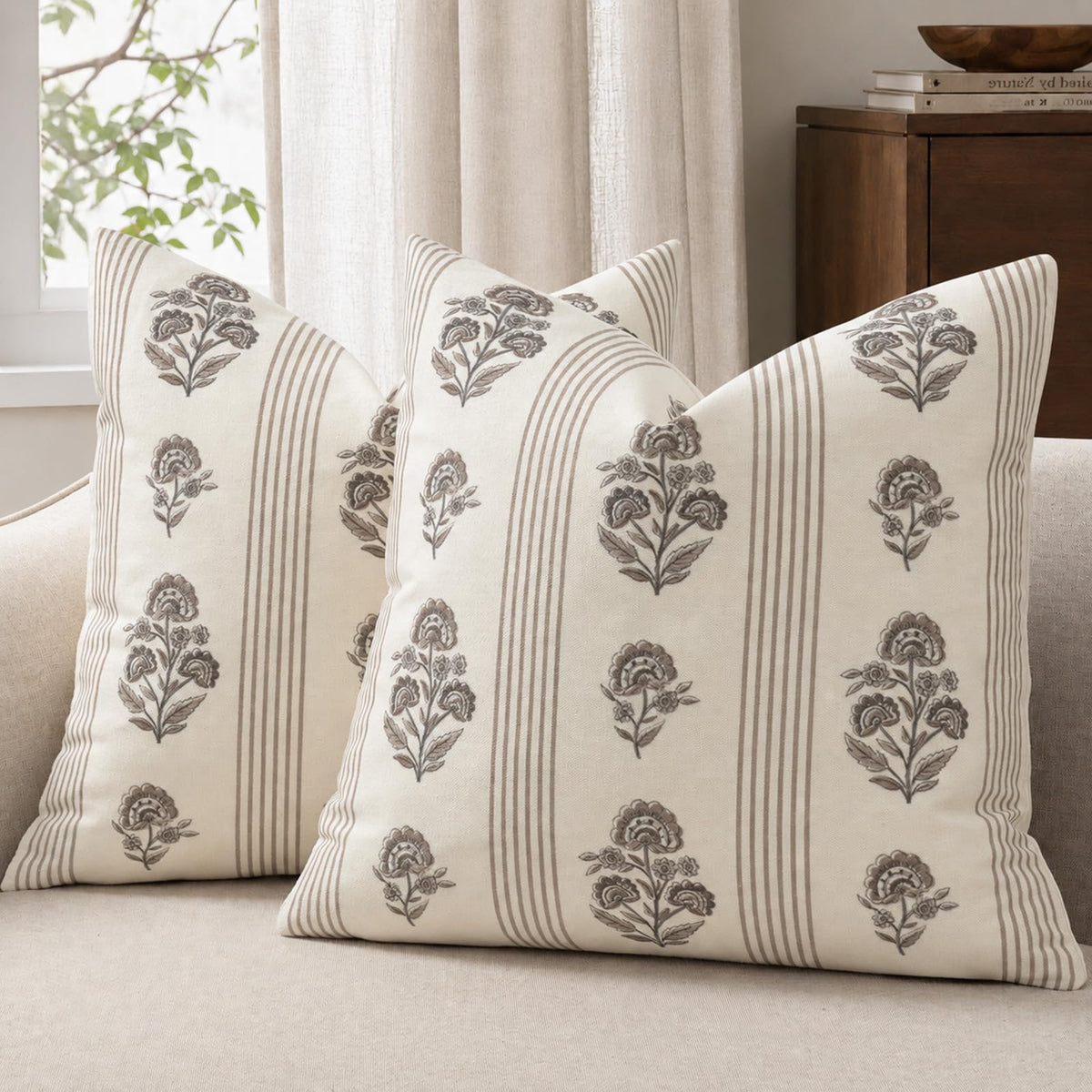 Vintage Throw Pillow Covers 20x20 Set of 2, Striped Floral Fall Pillow Cover Botanical Patterned Decorative Cushion Covers Modern Farmhouse Fall Decor for Sofa Couch Bed Living Room