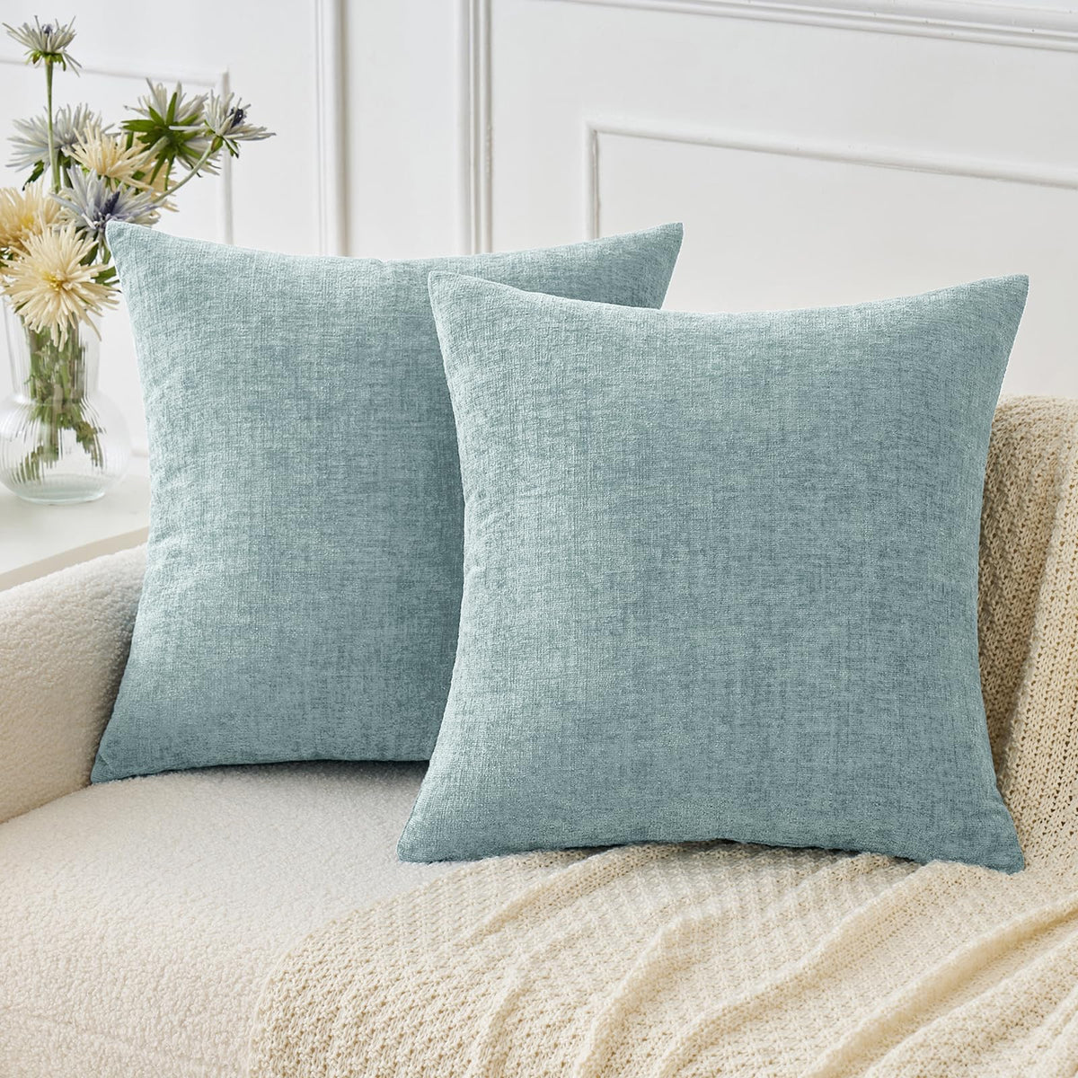 MIULEE Soft Chenille Throw Pillow Covers Green 18x18 Inch Pack of 2