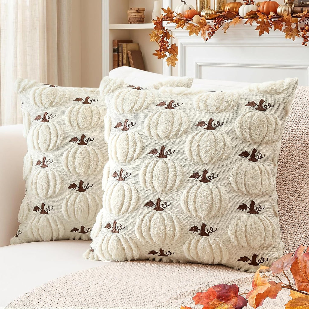 Artscope Fall Pumpkin Throw Pillow Covers 18x18 Set of 2, Autumn Soft Plush Faux Fur Decoration Cushion Covers for Thanksgiving Holiday Couch Sofa Bedroom Home Decor-Beige
