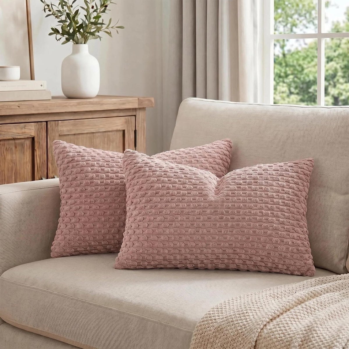Fancy Homi 2 Packs Blush Pink Decorative Throw Pillow Covers 18x18 Inch for Couch Bed Sofa, Modern Farmhouse Boho Home Decor, Soft Cute Plush Corduroy Cushion Case 45x45 cm
