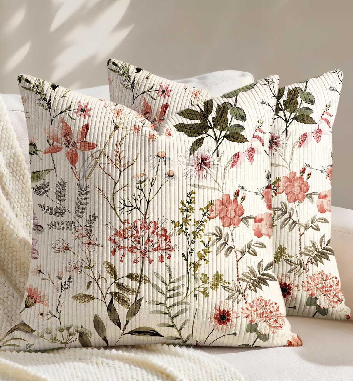 Corduroy Throw Pillow Covers 18x18 - Set of 2 Decorative Spring Pillow Covers with Zipper Farmhouse Decor Cottage Throw Pillowcases for Couch Sofa Living Room Home Bedroom, PK Floral