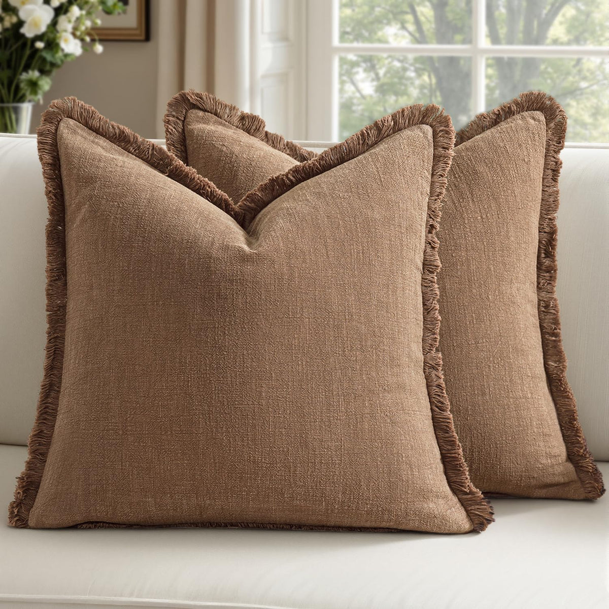 Linen Fringe Throw Pillow Covers 20x20 Inch Set of 2,Navy Blue