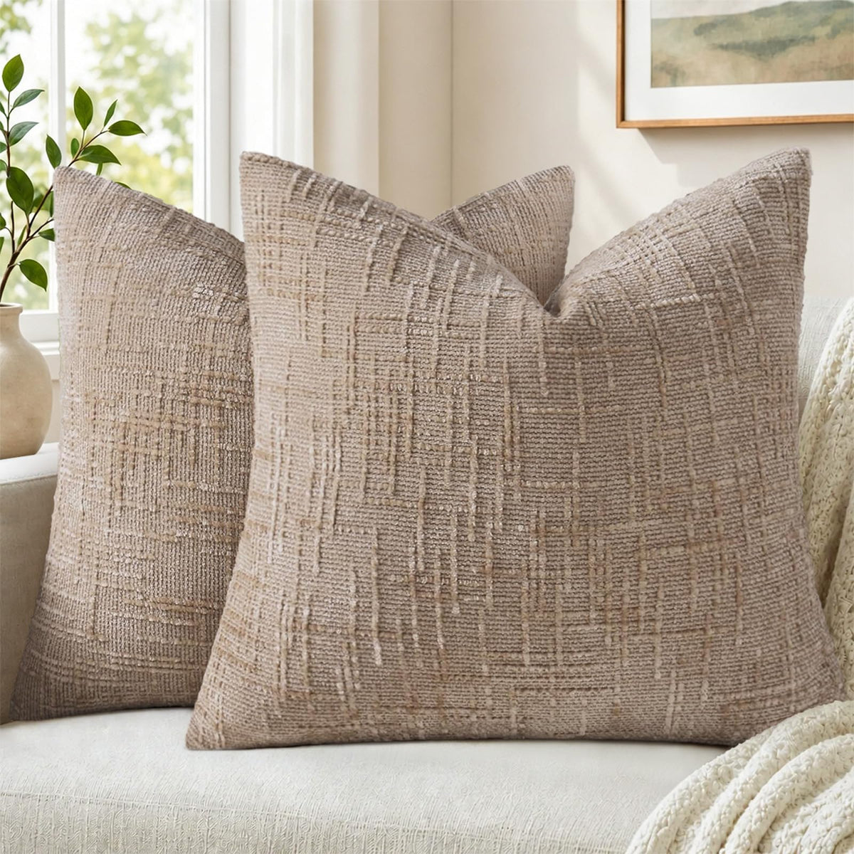 Pallene Cream White Textured Chenille Throw Pillow Covers 18x18 Set of 2