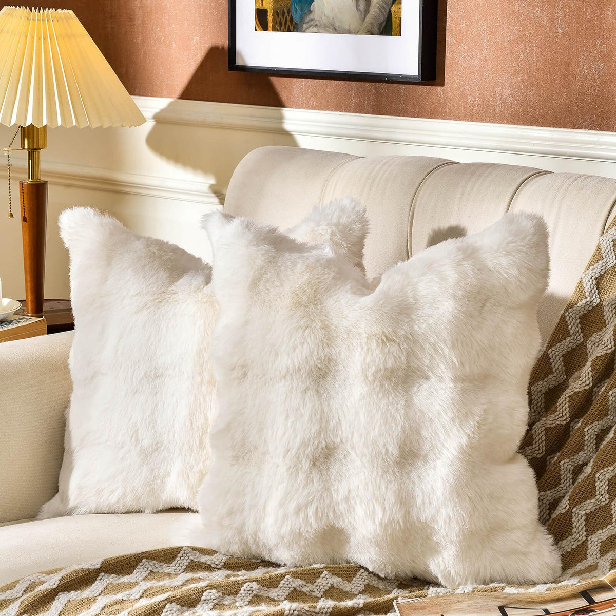AmHoo Pack of 2 Throw Pillow Covers 3D Dense Faux Rabbit Fur Cozy Super Soft Fuzzy Set Case Cushion for Couch Sofa Bedroom 18 x 18-Inch Cream White