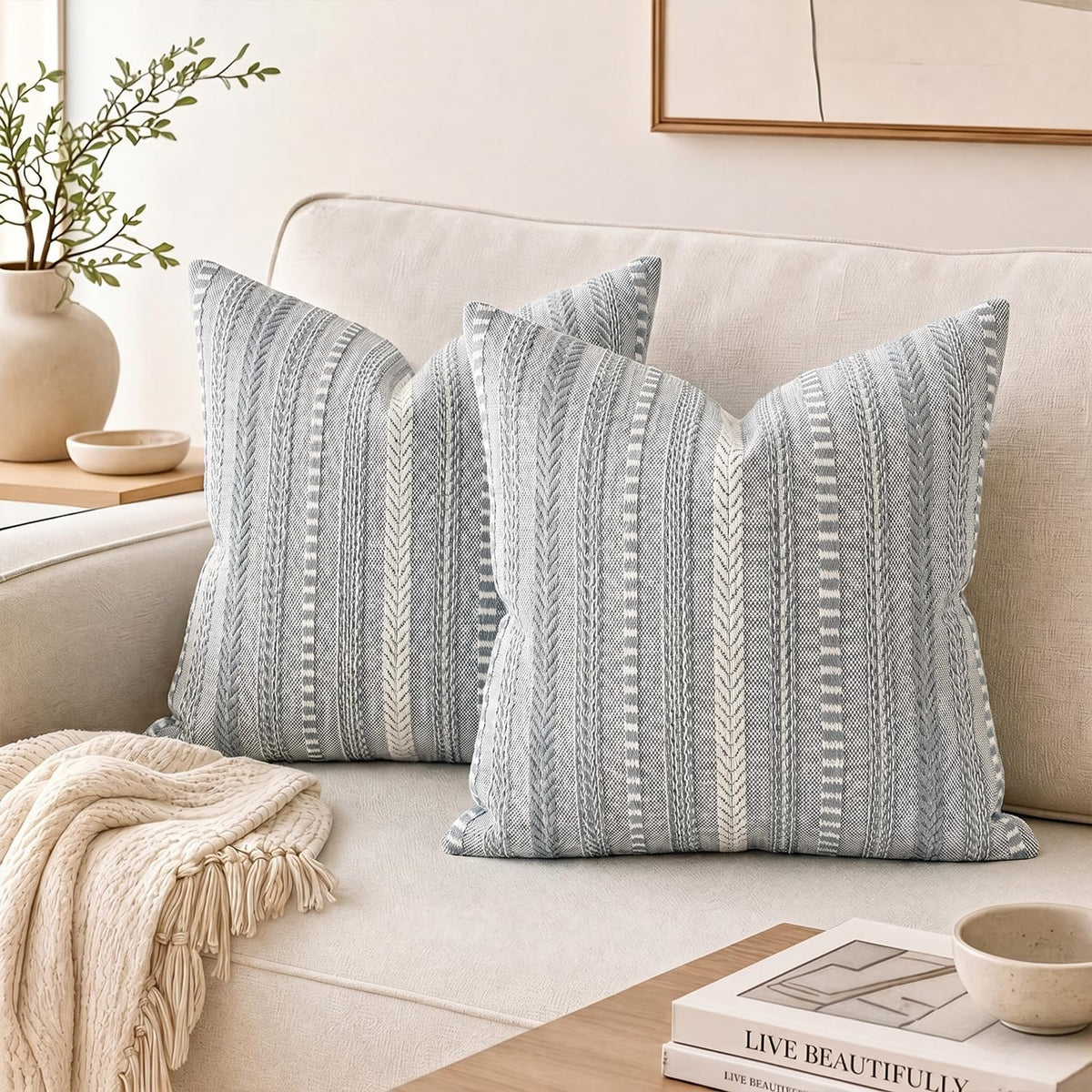 AVOIN colorlife Black Boho Decorative Throw Pillow Covers Set of 2, 18 x 18 Inch Woven Stripe Textured Rustic Cushion Case Home Decor for Living Room Couch Sofa