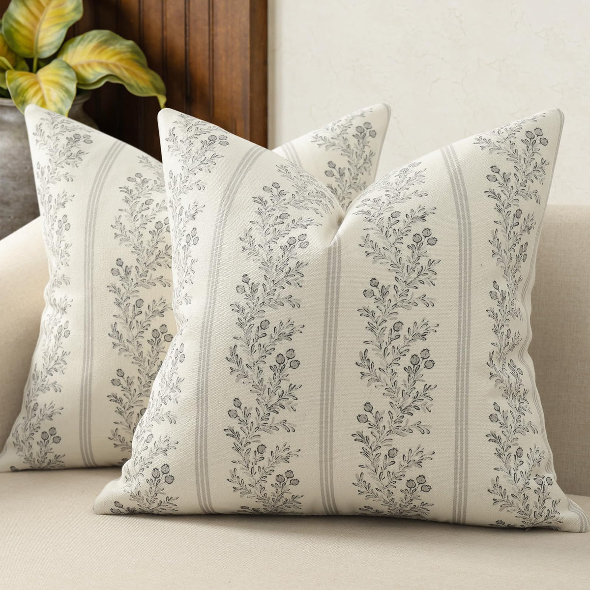 Vintage Throw Pillow Covers 20x20 Set of 2, Striped Floral Pillow Cover Botanical Patterned Decorative Cushion Covers Modern Farmhouse Home Decor for Sofa Couch Bed Living Room, Light Blue