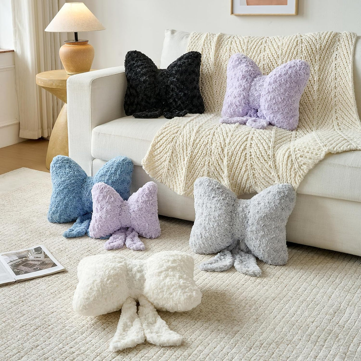 Bow Pillow, Decorative Throw Pillows Soft Plush (White, Small-12 Inches)
