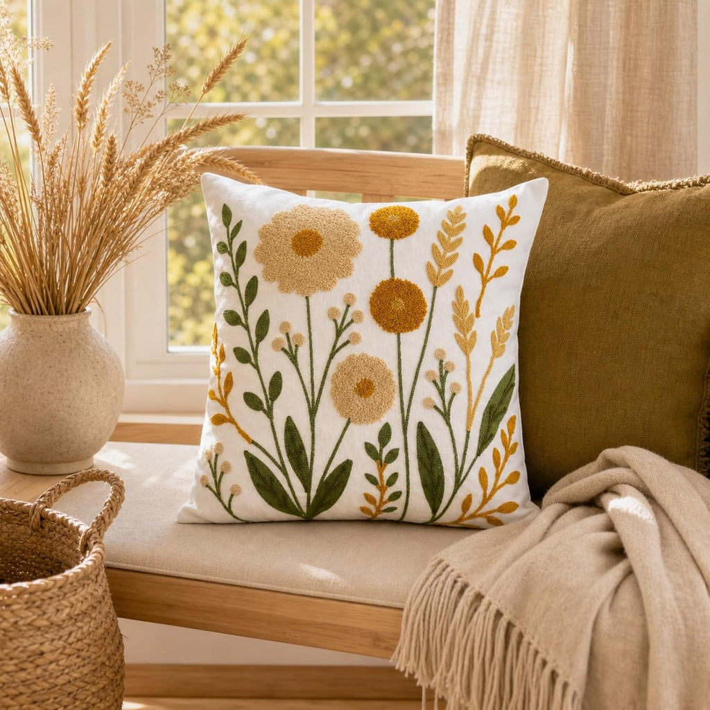 Embroidered Floral Throw Pillow Cover, 18x18 Inch Decorative Pillowcase