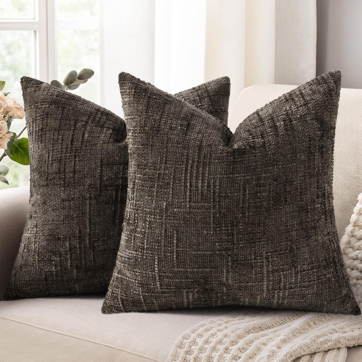 decorUhome Textured Chenille Throw Pillow Covers 18x18 Set of 2 Ivory